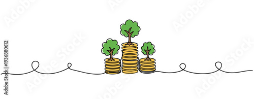Stacks of coins with growing trees representing investment growth. no editable stroke