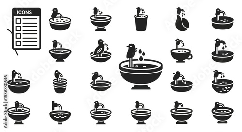 Collection of black and white icons featuring people enjoying various beverages in different containers and settings from a straightforward viewpoint.