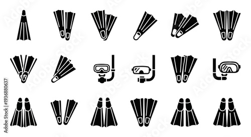 Collection of diverse scuba diving gear icons displayed in a grid pattern