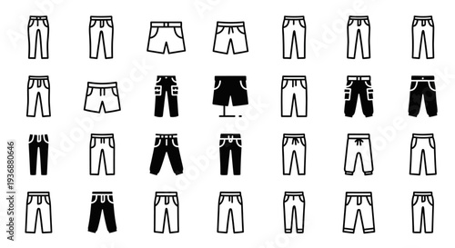 Collection of various trousers and shorts illustrations displayed in a grid layout