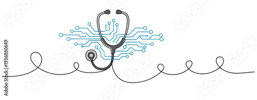Stethoscope with circuit lines representing digital health. no editable stroke