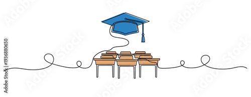 Graduation cap floating above classroom desks with empty seating rows. no editable stroke