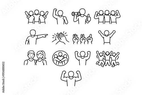 Fitness Class Motivation. Line icon set of Fitness Class Motivation: cheering friends, motivational gesture, thumbs up workout, group encouragement, coach