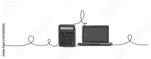 Calculator and laptop positioned together on continuous line background. no editable stroke