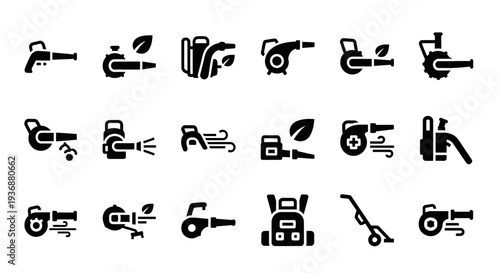 Collection of various lawn mower icons in a grid layout on a clean background from a straightforward viewpoint