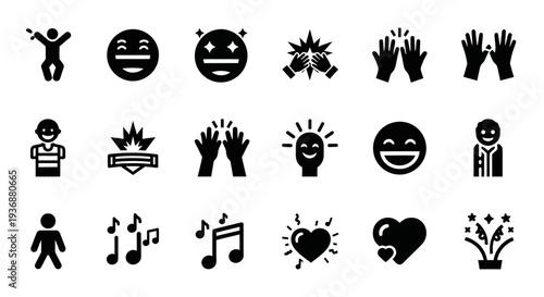 A collection of black icons representing various emotions and actions on a clean white background viewed from a straightforward perspective
