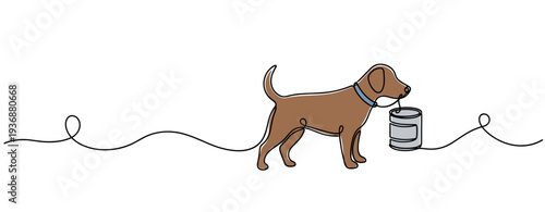 Dog carrying paint can while walking along continuous line background. no editable stroke