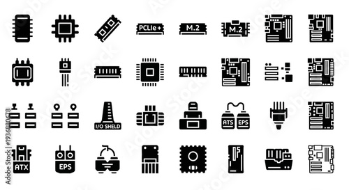 A collection of various computer hardware icons displayed in a grid layout, showcasing different components and peripherals