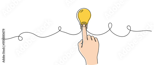 Finger pressing light bulb on continuous line background. no editable stroke