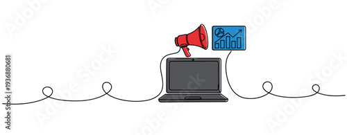 Laptop with megaphone and analytics icon on white desk. no editable stroke