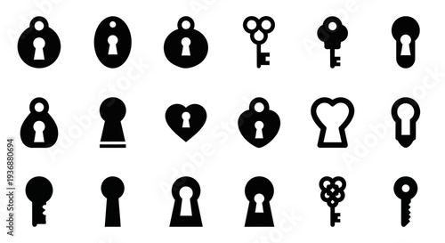 Collection of various lock and key icons displayed together on a white background