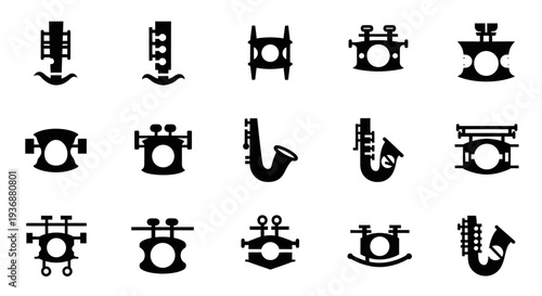 Collection of abstract black icons featuring various machinery and mechanical components displayed on a clean white background from a direct viewpoint