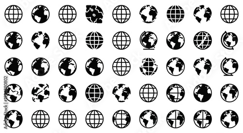 Set of thirty black and white globe icons showcasing various continents from different viewpoints