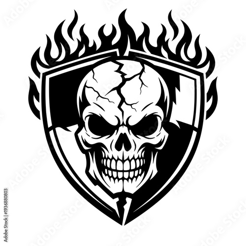 Monochrome vector art of a powerfully cracked skull with dynamic flames, enclosed in a strong protective shield emblem, conveying an aggressive, rebellious, and formidable spirit. Ideal for gaming, bi
