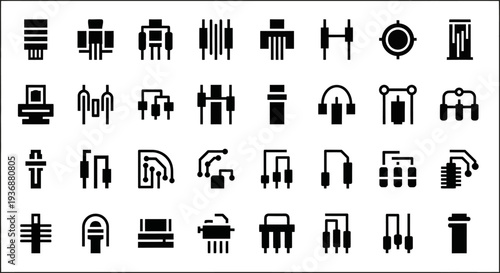 Collection of simple black icons representing various objects and concepts on a white background viewed from a straightforward perspective