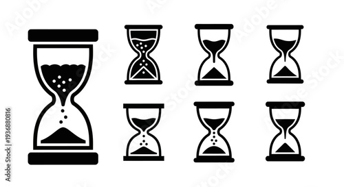 Collection of hourglasses in various states of time measurement, depicted in a minimalist style, viewed from the front