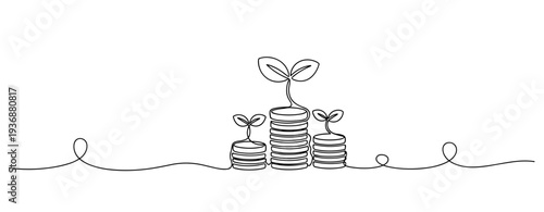 Seedlings sprouting from stacked coins on white line drawing. no editable stroke
