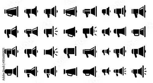 Collection of various black megaphone icons on white background displayed in a grid layout