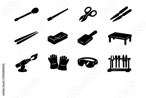 Glassblowing Tools. Solid icon set of Glassblowing Tools: blowpipe tool, punty rod tool, glass shears, jacks tool, tweezers, wooden block, graphite paddle,