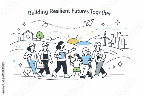 Building resilient futures together. A hopeful scene showing a community moving forward as a group, symbolizing recovery, adaptability, and shared vision.