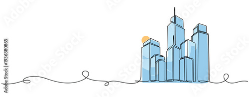 City skyline showing clustered skyscrapers in minimalist line art. no editable stroke