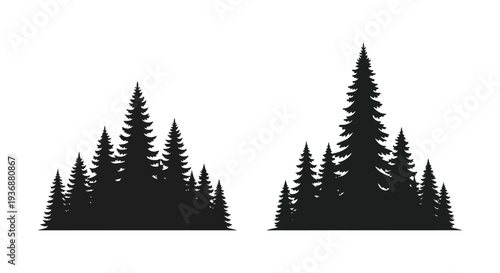 Silhouettes of evergreen trees against a stark white background creating a forest scene high quality professional