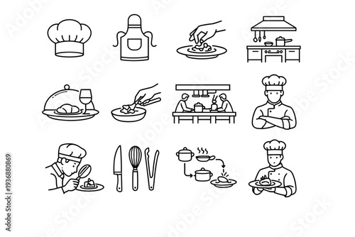 Professional Cooking. Line icon set of Professional Cooking: chef hat, chef apron, plating hand, cooking station, fine dining, culinary skill, restaurant