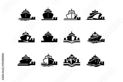 Quay. Icon set. Set Logo of quay: docked ship side view. harmonious logo variations of the same emblematic concept, each with different artistic interpretation