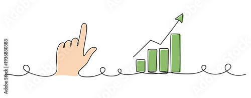 Hand pointing toward rising bar chart on continuous line scene. no editable stroke