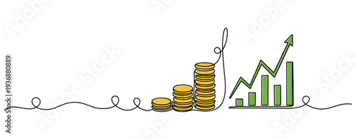 Stacked coins showing growth next to rising bar chart. no editable stroke