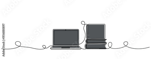Laptop beside stacked books connected by cable on white surface. no editable stroke