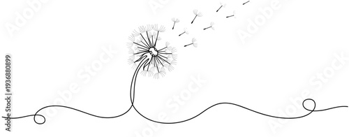 Dandelion releasing seeds while line art flows across page. no editable stroke