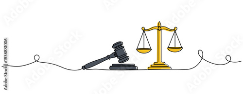 Gavel and scales representing justice on flat surface. no editable stroke