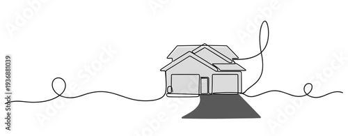 Residential house with driveway and garage on white minimalist backdrop. no editable stroke
