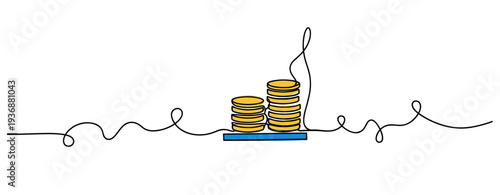 Coins stacked on blue platform with continuous line setting. no editable stroke