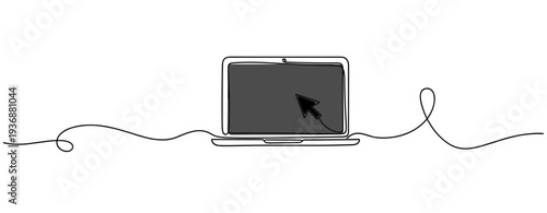 Laptop displaying cursor pointing at screen on white background. no editable stroke