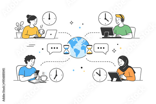 Working across time zones. Multiple simplified characters in separate spaces connected by delayed message icons and clocks. Calm global collaboration with