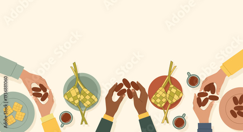 Top view illustration of diverse hands sharing ketupat and dates for Ramadan Iftar or Eid Mubarak celebration dinner