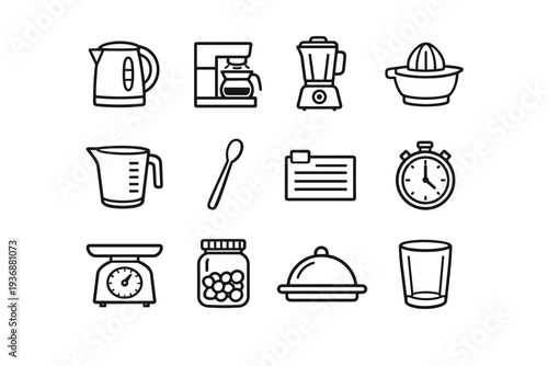 Beverage Preparation. Line icon set of Beverage Preparation: kettle, coffee maker, blender, juicer, measuring cup, spoon stir, recipe card, timer clock, scale,
