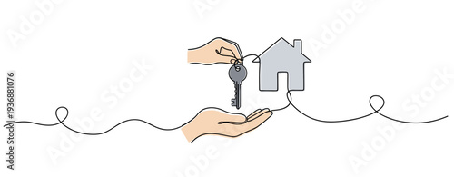 Hand exchanging house key over open palm representing home transfer. no editable stroke
