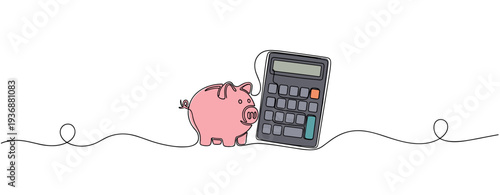 Piggy bank beside calculator indicating savings and budgeting. no editable stroke