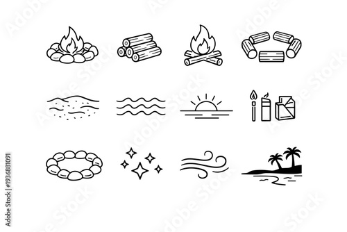 Beach Bonfire Party Setup. Line icon set of Beach Bonfire Party Setup: beach bonfire pit, stacked firewood, flame campfire, circle seating logs, sandy beach