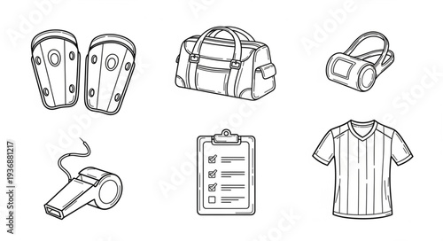 Soccer Equipment Collection - Shin Guards, Bag, Whistle, Clipboard, and Jersey.