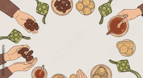 Ramadan Kareem and Eid Mubarak Illustration with Hands Sharing Dates, Ketupat, and Cookies on Plain Background with Copy Space