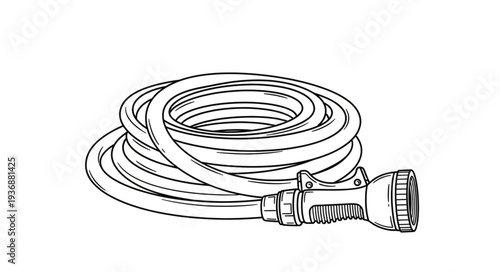 Coiled garden hose with nozzle, ready for watering plants and outdoor tasks.