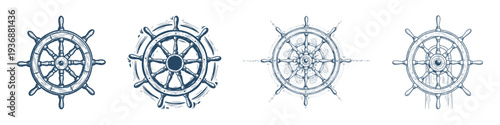 Nautical ship wheel collection with various hand drawn styles for maritime design vector graphics