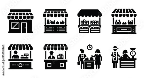Black and white vector icons depicting various market stalls vendors and shopping elements high quality professional