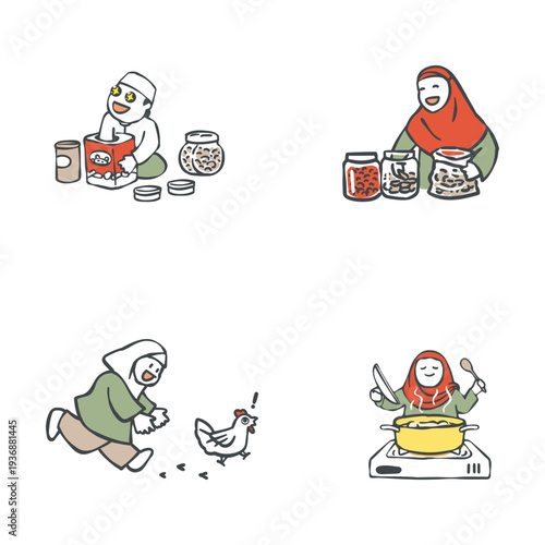 Muslim family preparing traditional snacks and food for Eid Mubarak celebration. Set of cute illustrations for Islamic holiday greeting cards, social media, story, and community posters.