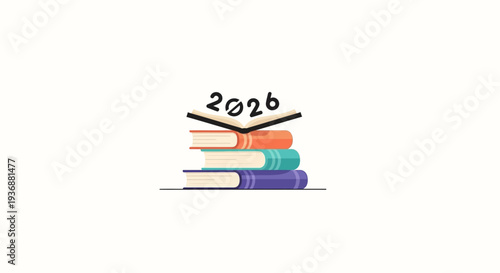Colorful stack of books with the year 2026 written above.