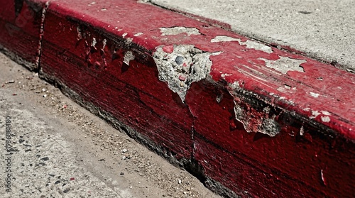Red painted curb with peeling paint and concrete showing, indicating a no parking zone or fire lane requirement on street infrastructure